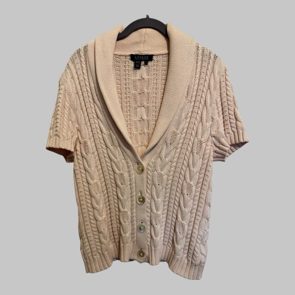 Lauren Ralph Lauren Cable Knit Light Pink Button Up Short Sleeve Sweater Size L